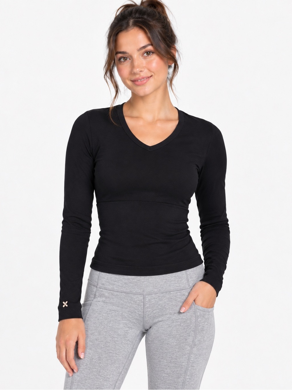 Vinny x Body Long Sleeve Top XS Black Fitted V-Neck Athletic NWT